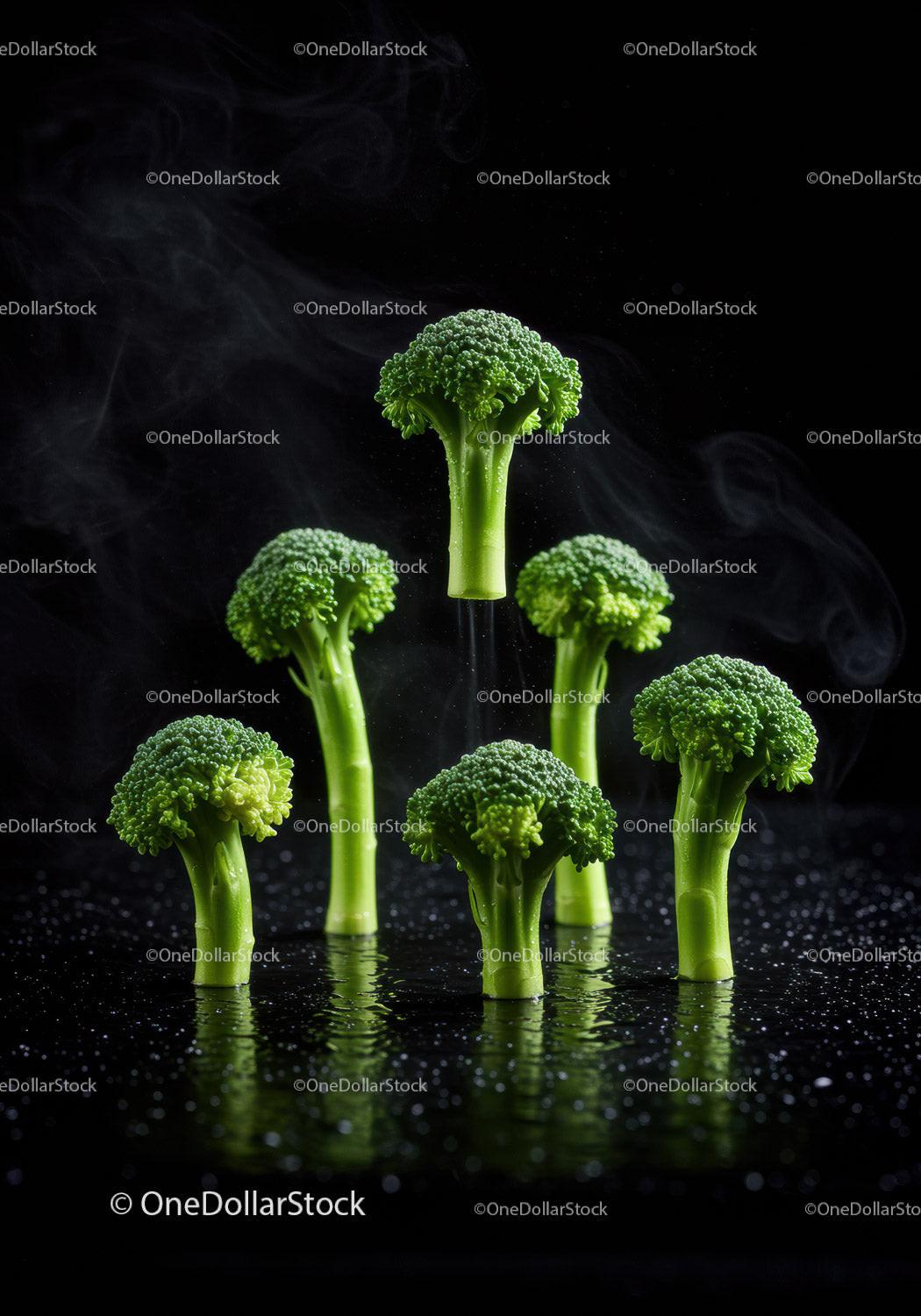 Fresh broccoli florets rising from wet surface with steam