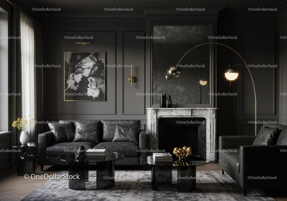 Modern living room with dark leather sofas and marble fireplace