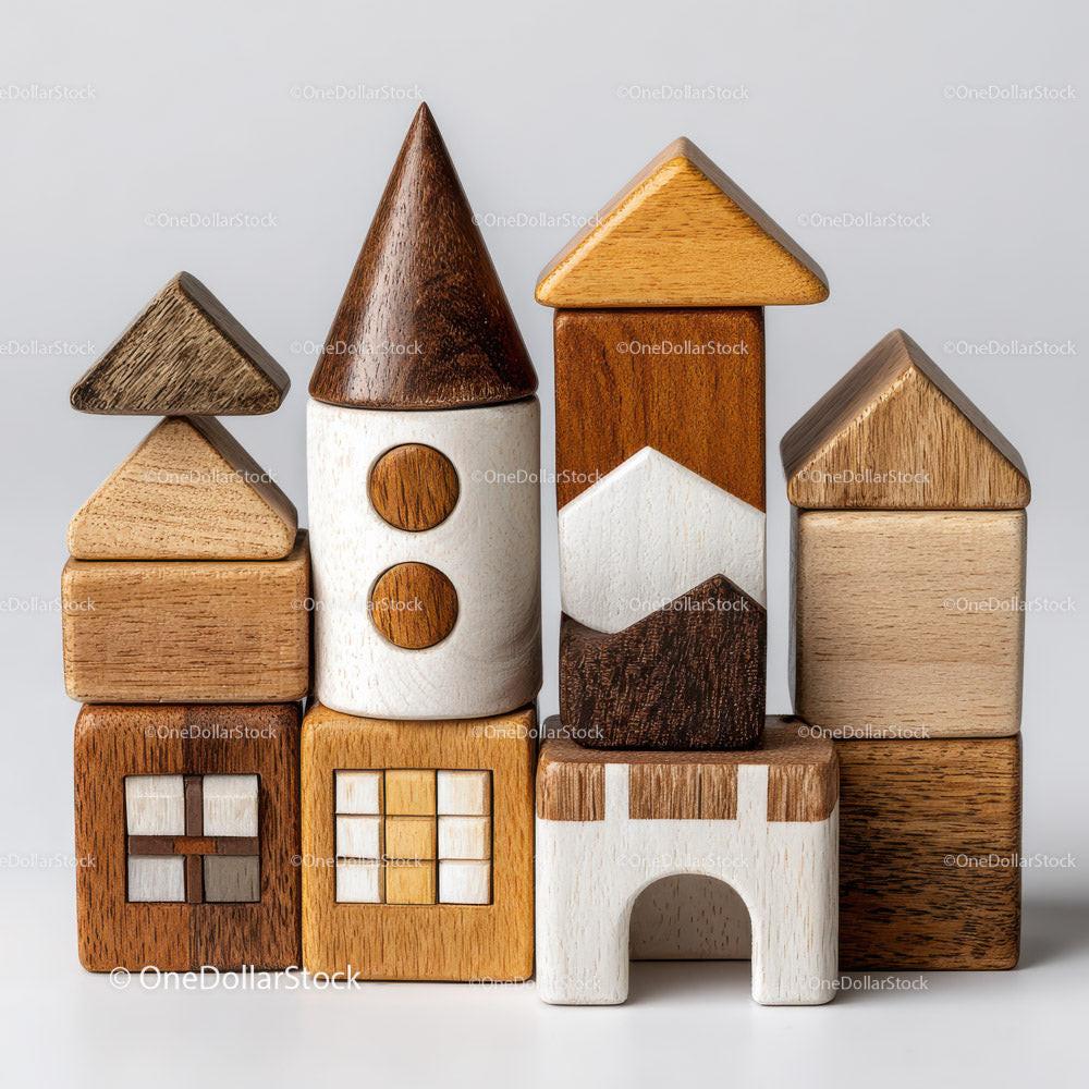 Wooden toy blocks arranged as stylized buildings with geometric shapes and natural wood textures.