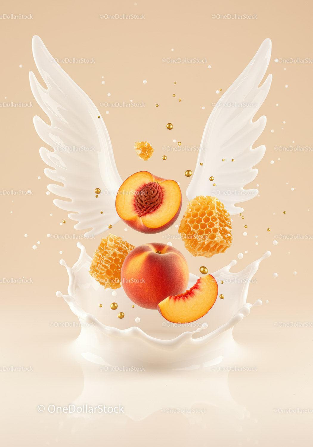 Fresh peaches with honeycomb and wings in creamy splash