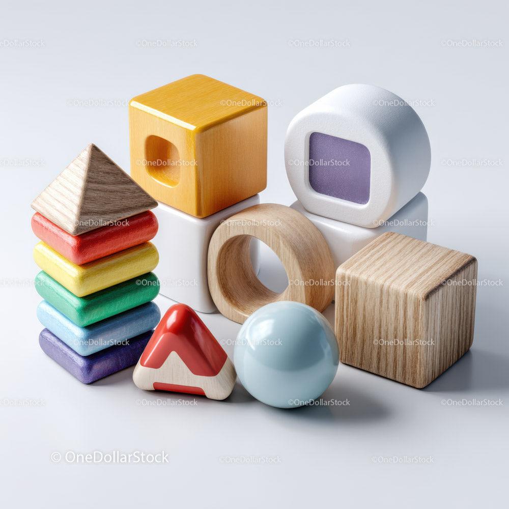 Assorted colorful wooden and plastic toy blocks with pyramid, cubes, and sphere on white background