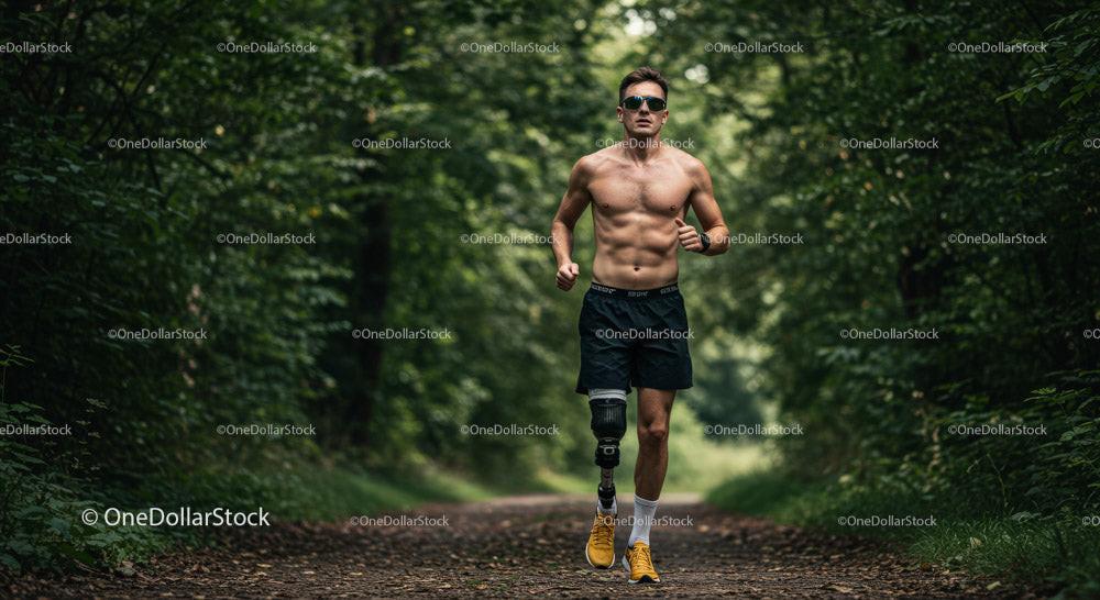 Male Runner with Prosthetic Leg Running Through Foggy Forest Trail Stock Photo Bundle preview 13
