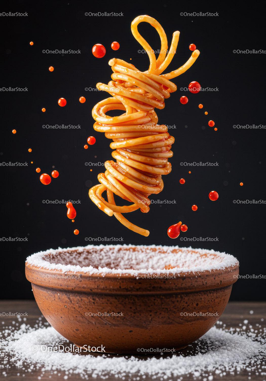 Spiral spaghetti with tomato sauce over rustic bowl