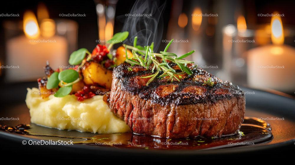 Juicy Steak with Mashed Potatoes and Herb Garnish in Elegant Restaurant Stock Photo Bundle preview 6