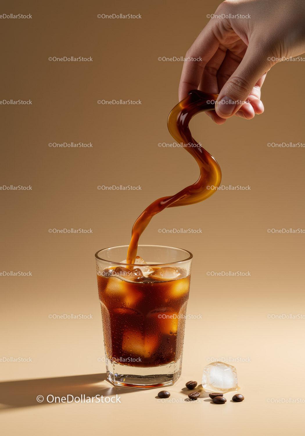 Hand Pouring Cold Brew Coffee with Ice Cubes