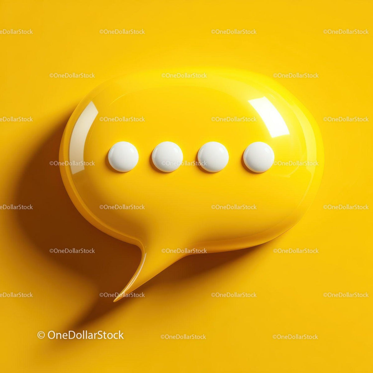 Glossy yellow speech bubble icon with four white dots on yellow background