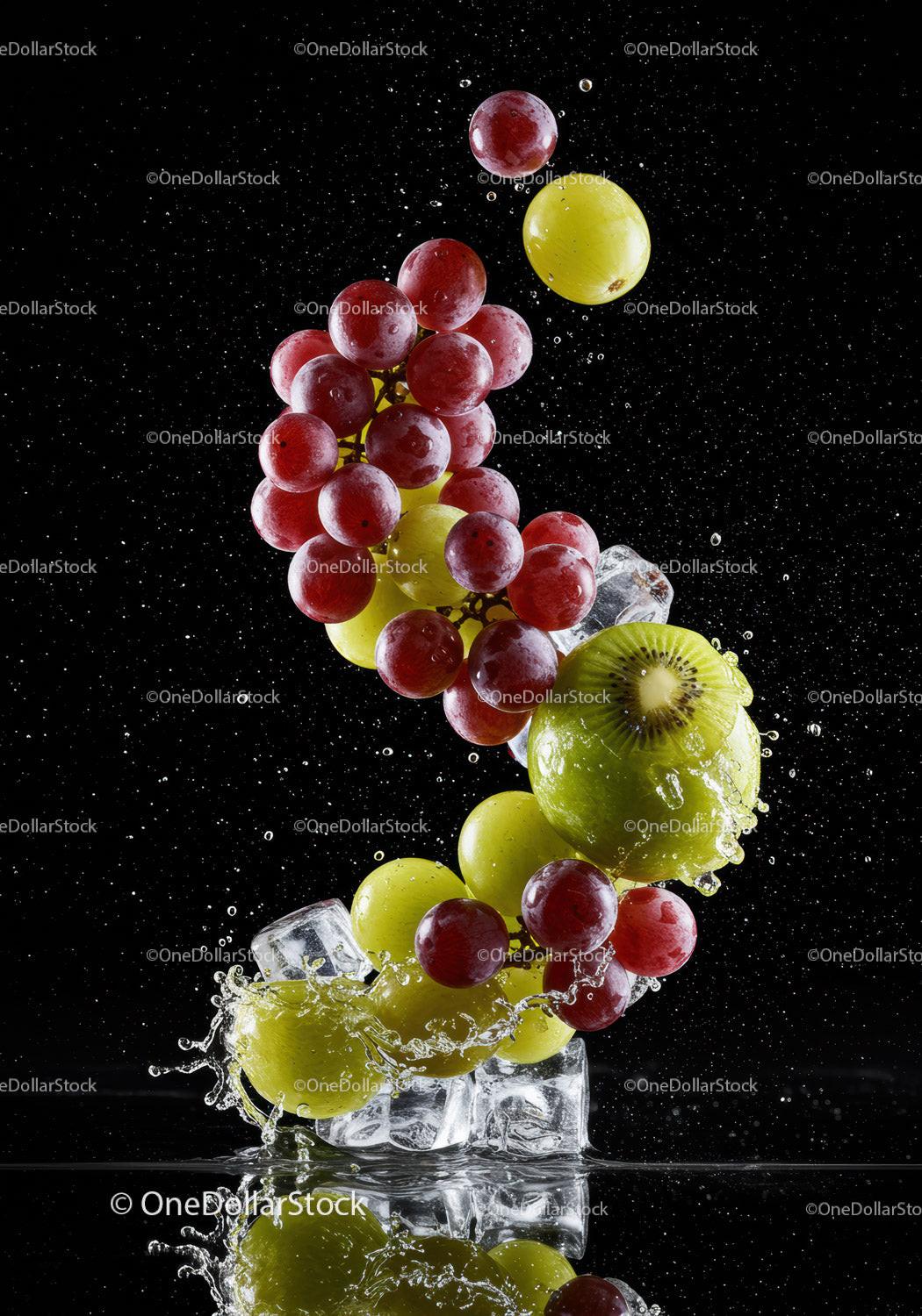 Fresh red and green grapes splashing with ice cubes