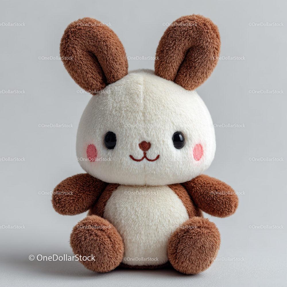 Plush bunny toy with brown ears and paws and white body sitting on grey surface
