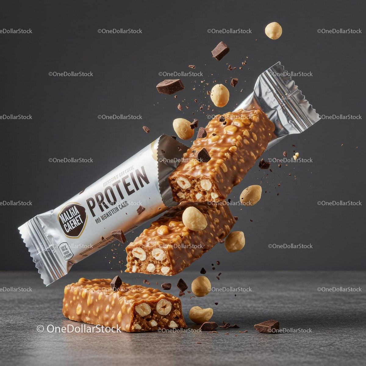 Protein bar with peanuts and chocolate pieces on gray