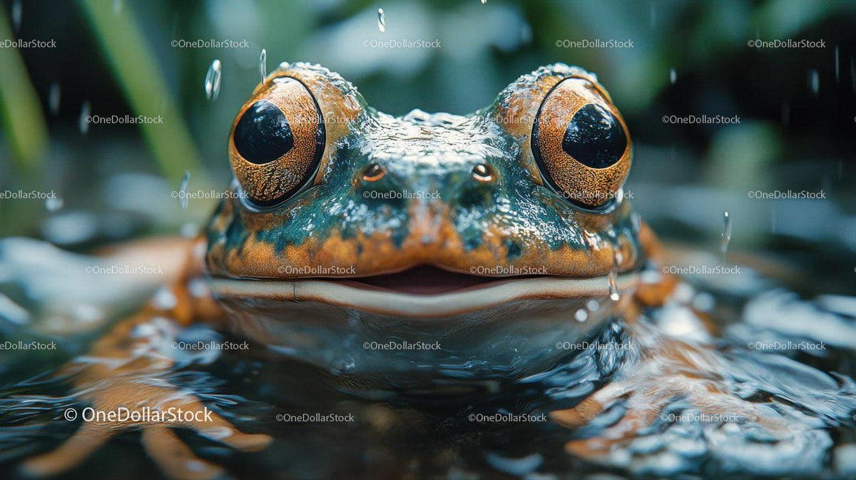 Close-up of frog with orange eyes and water droplets on skin