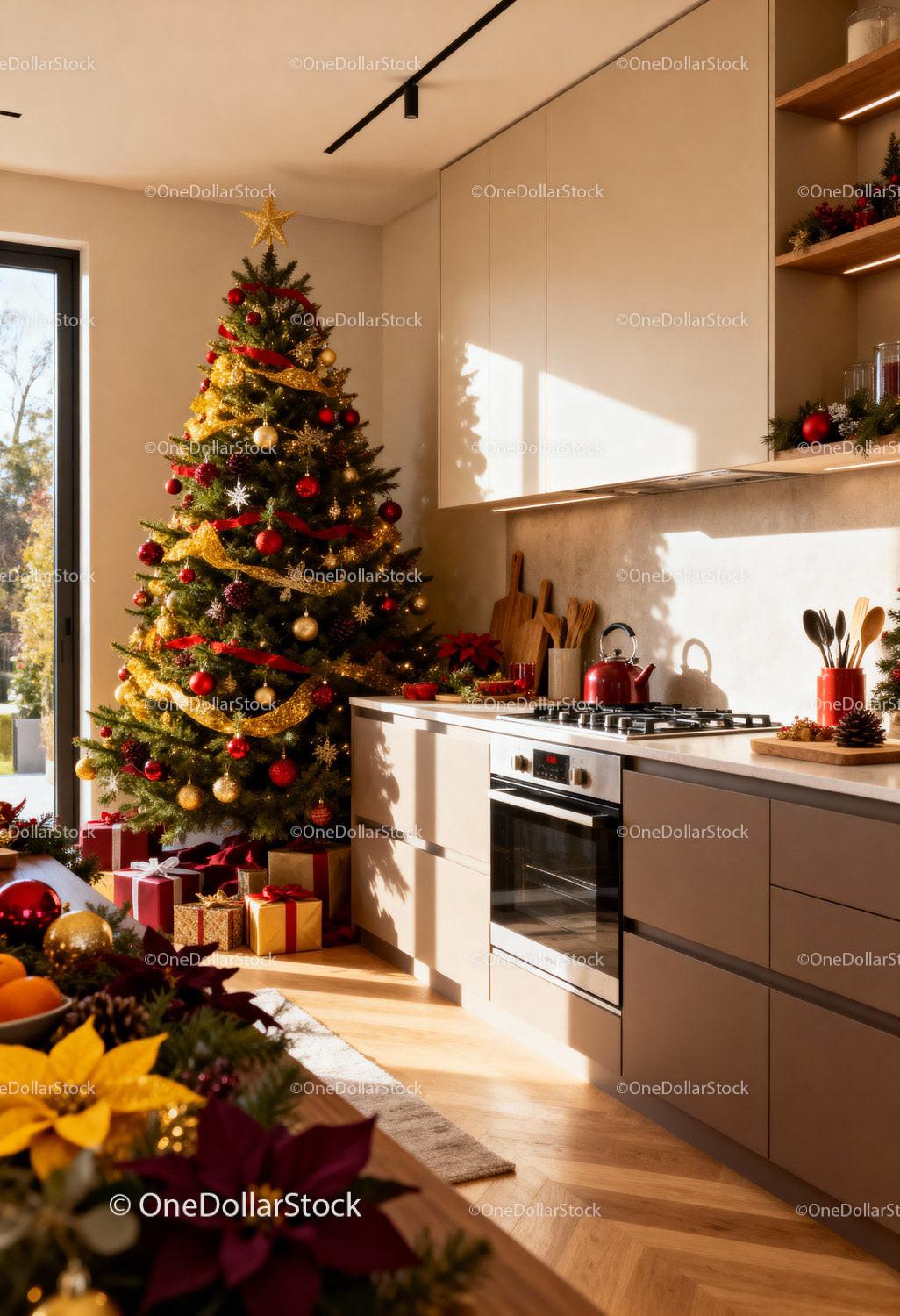 Cozy modern kitchen decorated for Christmas celebration