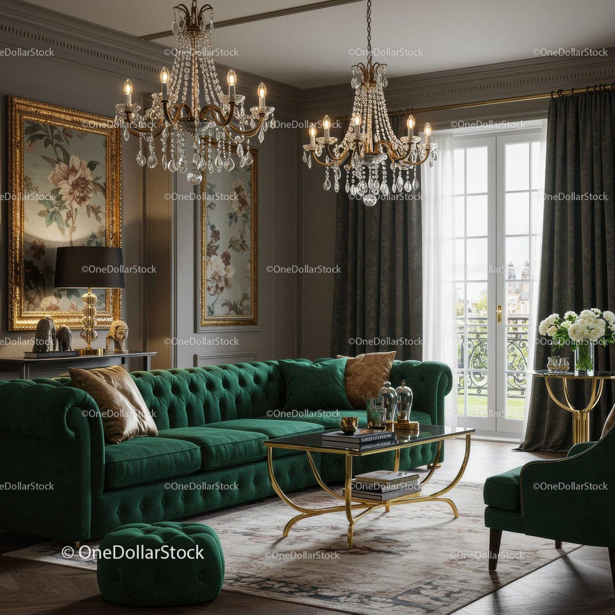 Elegant living room with green velvet sofa and chandeliers