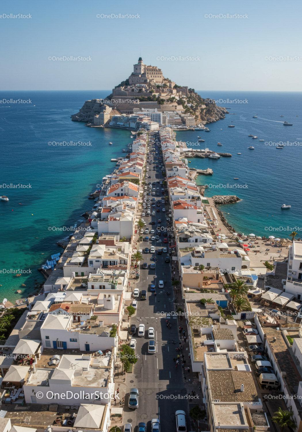 Scenic Aerial View of a Mediterranean Coastal Town with Island Fortress