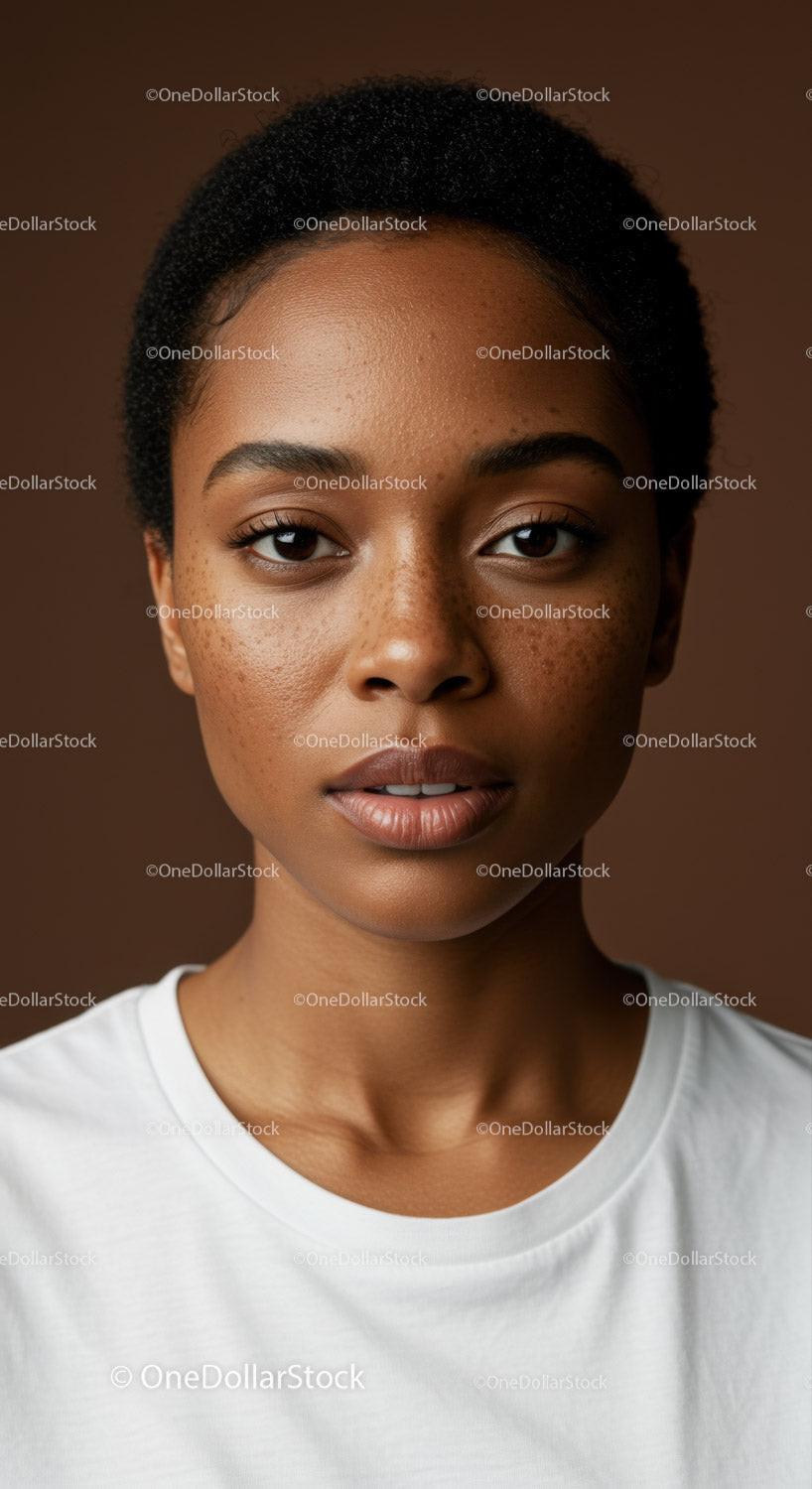 Close-Up Portrait of a Beautiful Black Woman with Freckles and Natural Makeup
