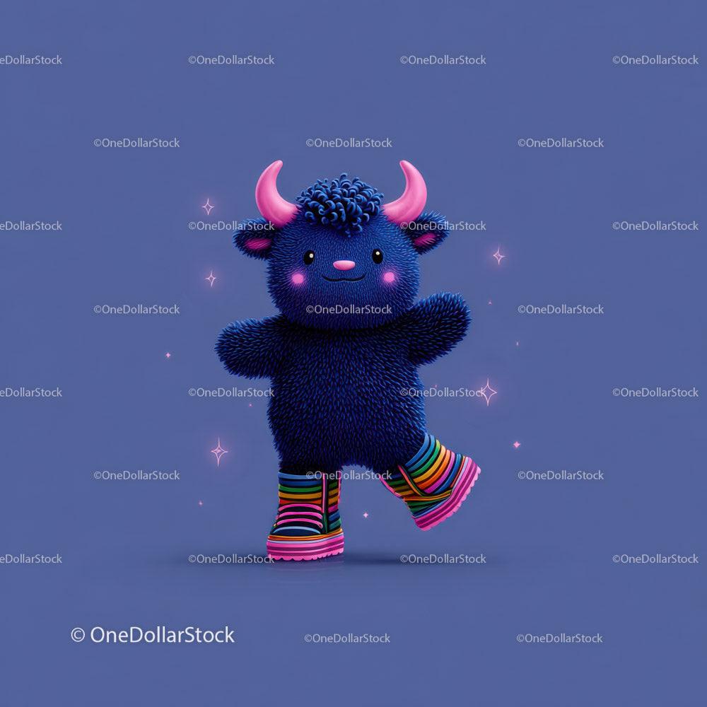 Blue furry creature with pink horns wearing colorful striped boots on purple background