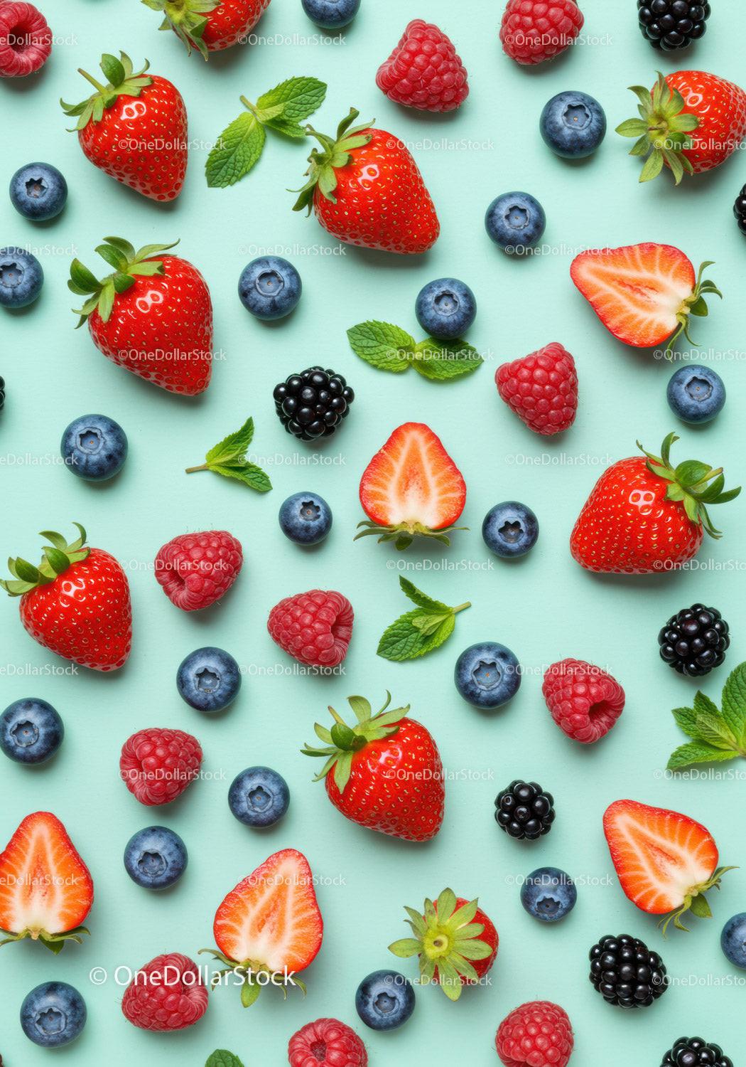Fresh mixed berries and mint leaves on pastel background