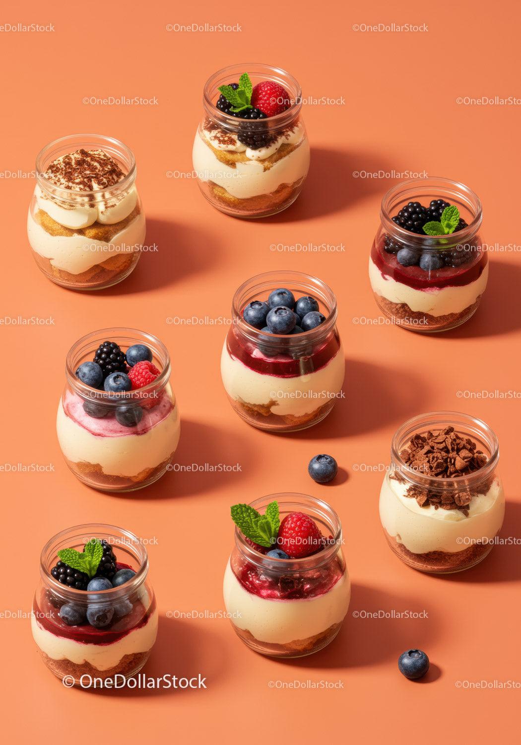 Assorted layered desserts in jars with fresh berries