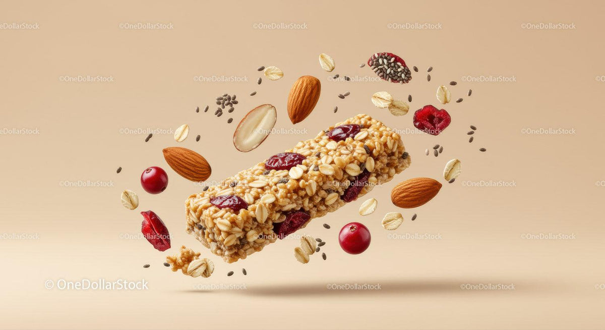 Healthy granola bar with nuts and berries flying