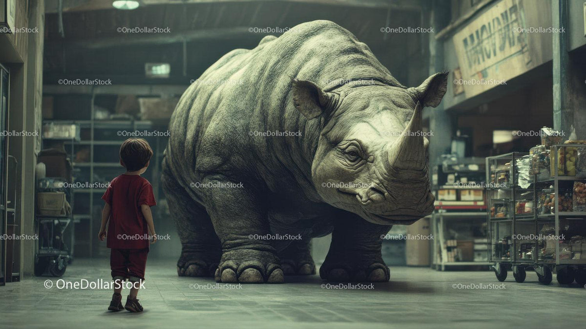 Child in red outfit standing near large rhinoceros inside store aisle with shelves