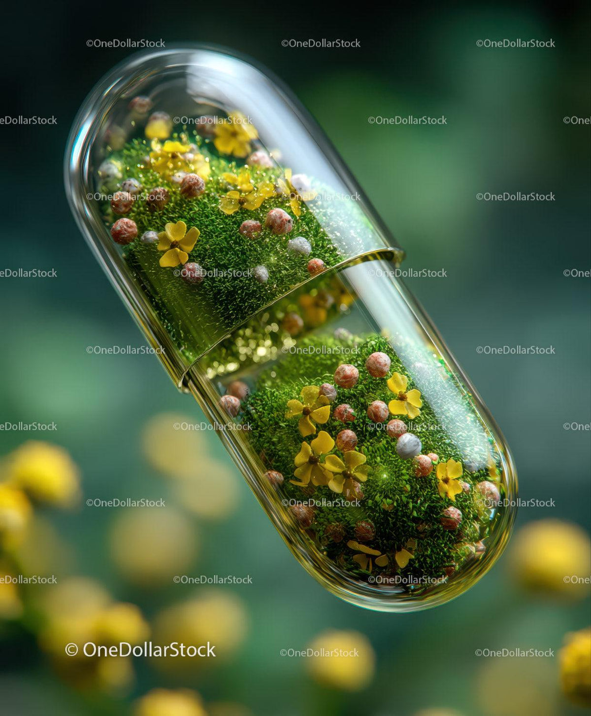 Close-up of transparent capsule with green moss and yellow flowers inside