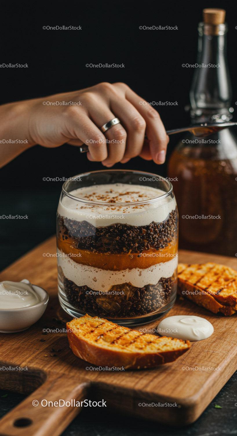 Hand sprinkles spice on layered chia pudding dessert