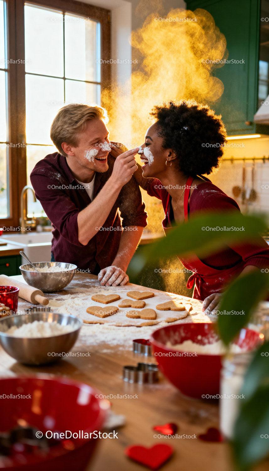 Couple Playfully Baking Heart-Shaped Cookies Together