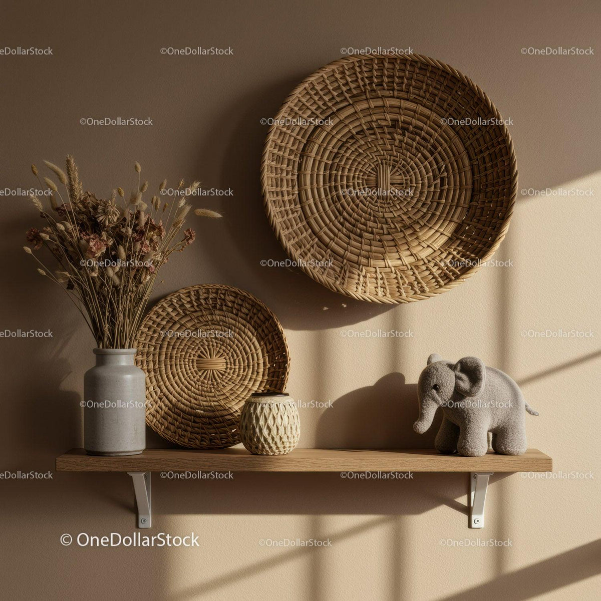 Cozy neutral-style shelf with dried flowers and decor