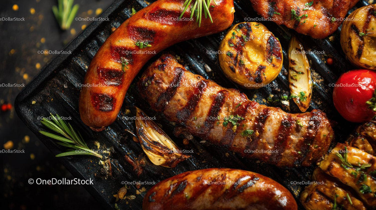 Grilled Sausages with Tomatoes and Garlic on Barbecue Grill