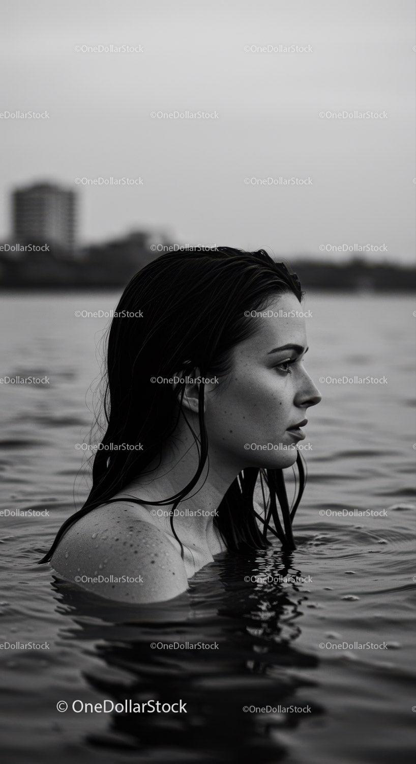 Serene Female Portrait in Water with Urban Background Stock Photo Bundle preview 9
