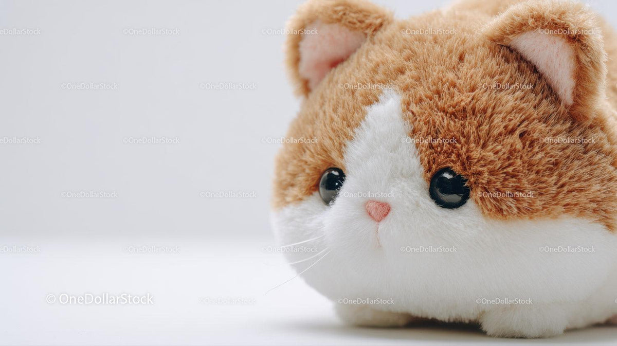 Small plush cat toy with white and orange fur and black eyes on white background