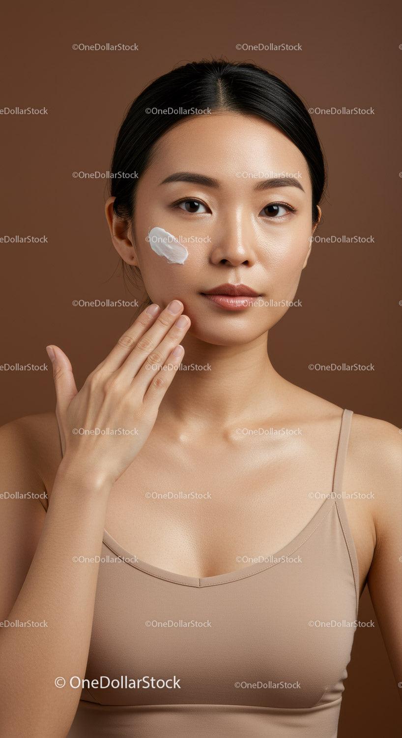 Young Asian Woman Applying Facial Moisturizer for Healthy Skin