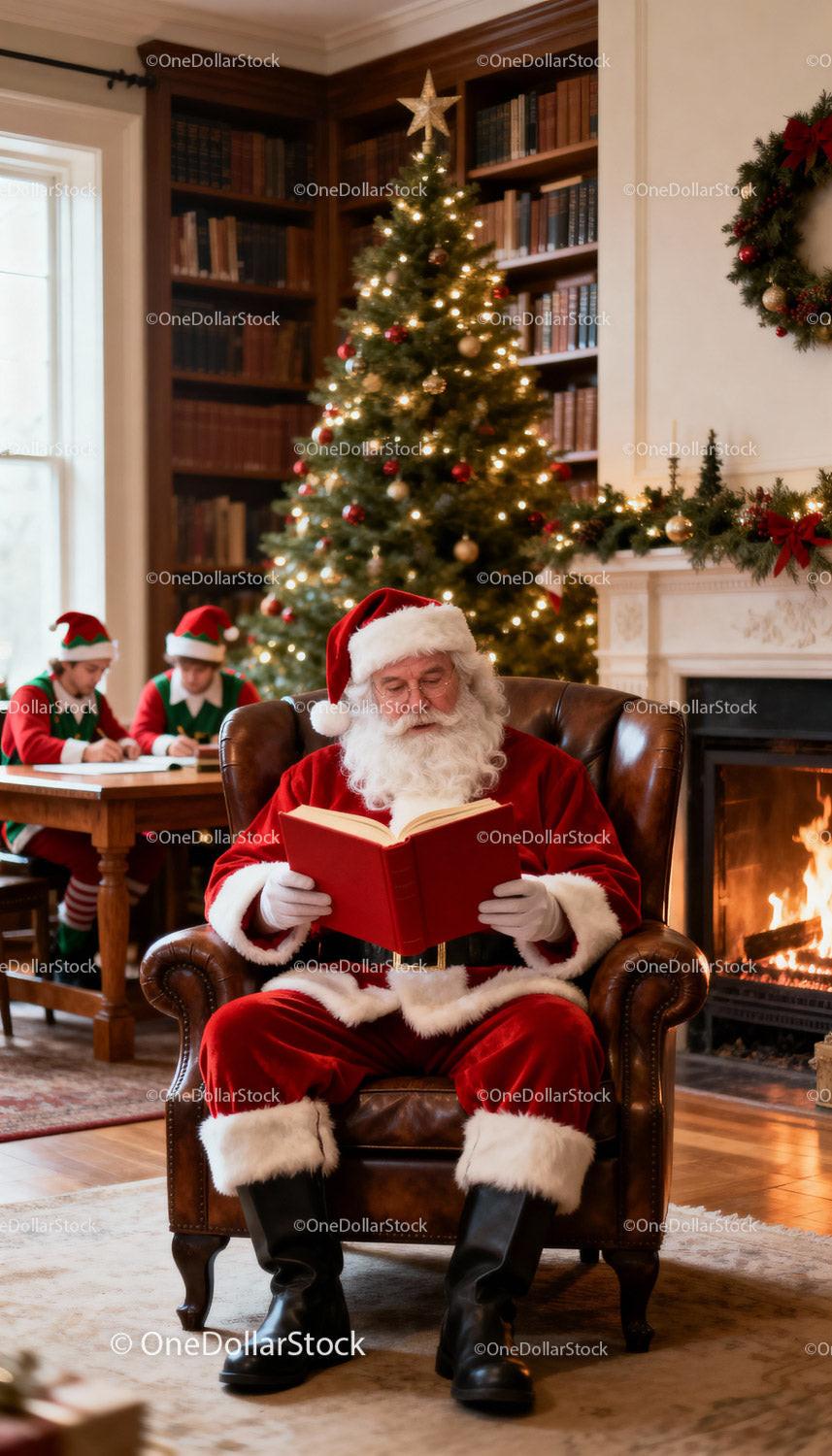 Santa Claus Reading by Fireplace in Cozy Christmas Room