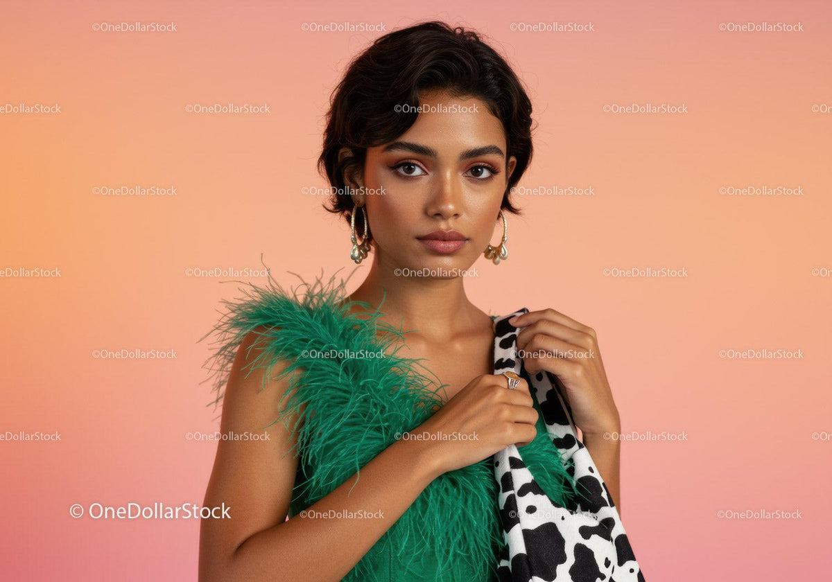 Stylish Woman in Green Feathered Top and Animal Print Scarf