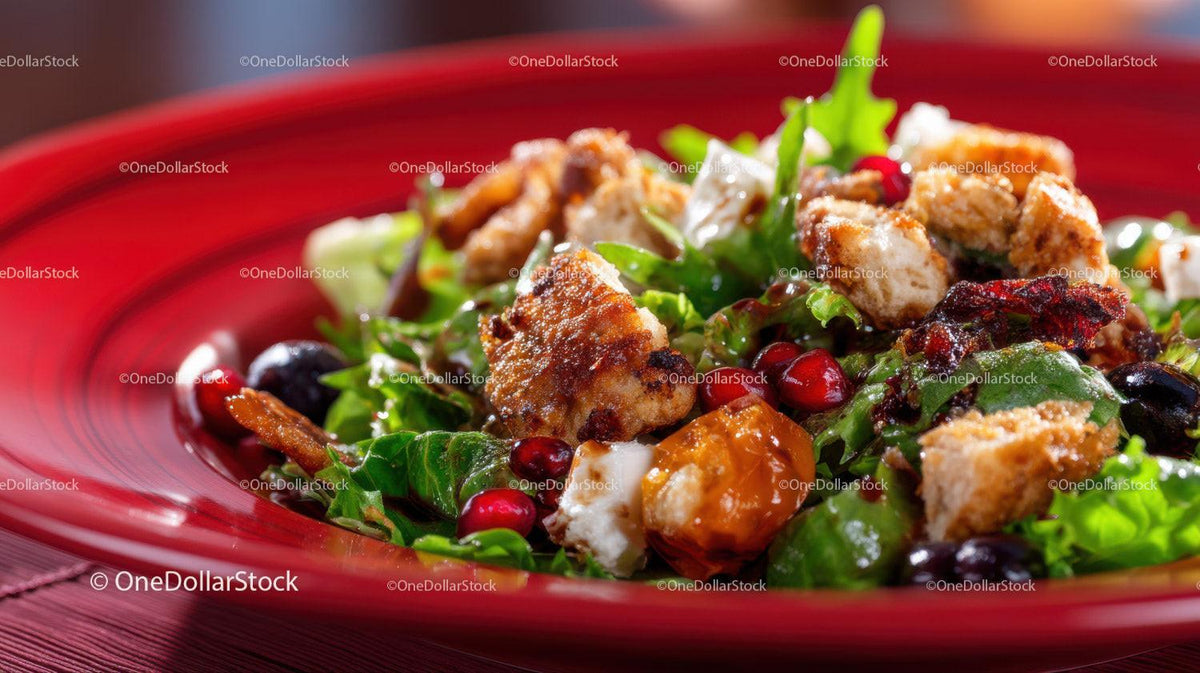 Fresh Mixed Salad with Spinach Pomegranate Croutons and Chicken