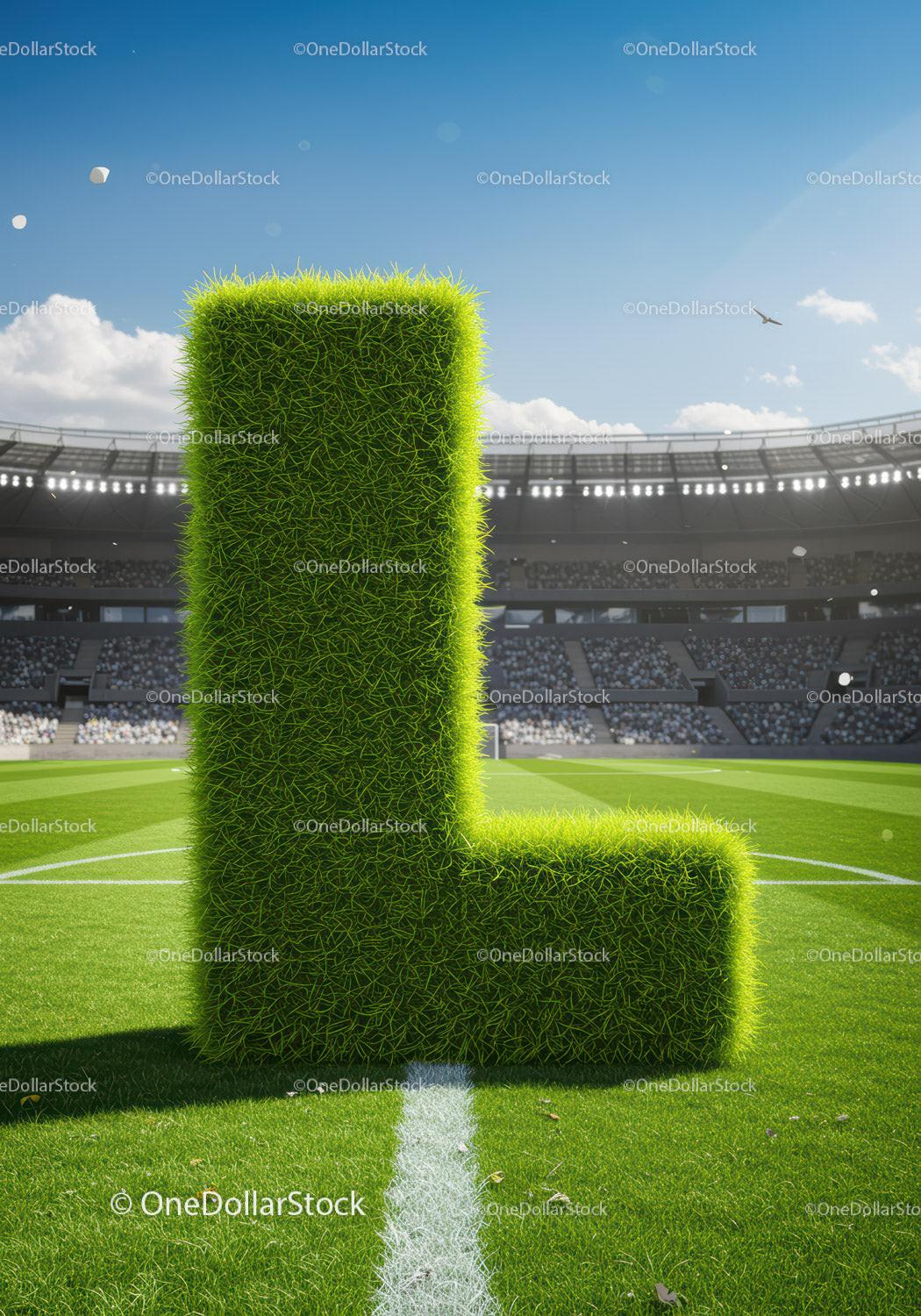 Green Grass Letter L on Soccer Stadium Field