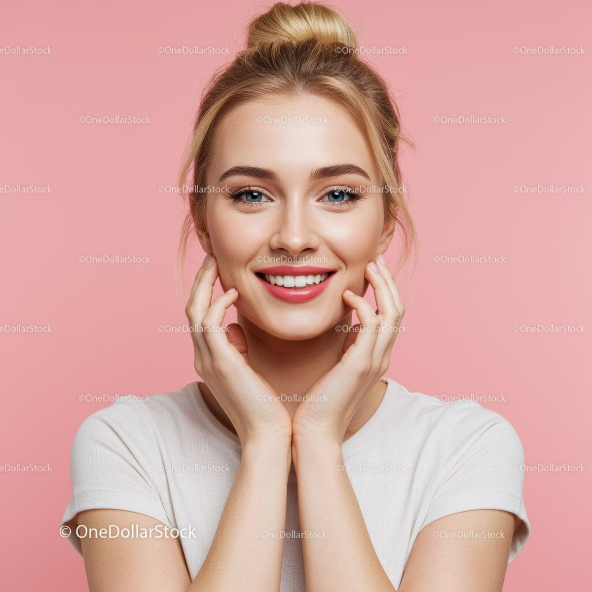 Bright Smiling Woman with Blonde Hair and Clear Skin in Studio