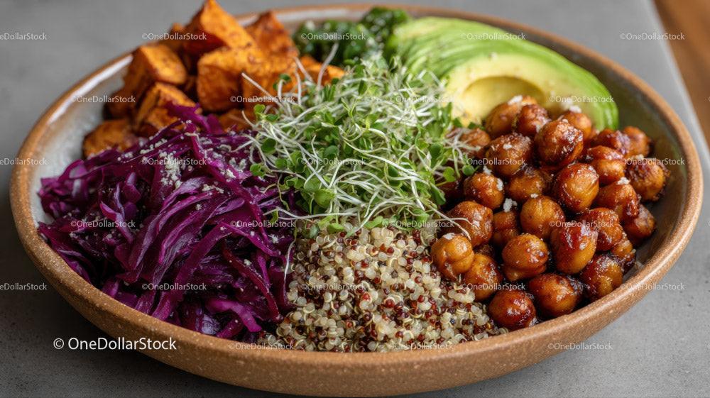 Colorful Quinoa Salad with Avocado Roasted Chickpeas and Microgreens Stock Photo Bundle preview 17