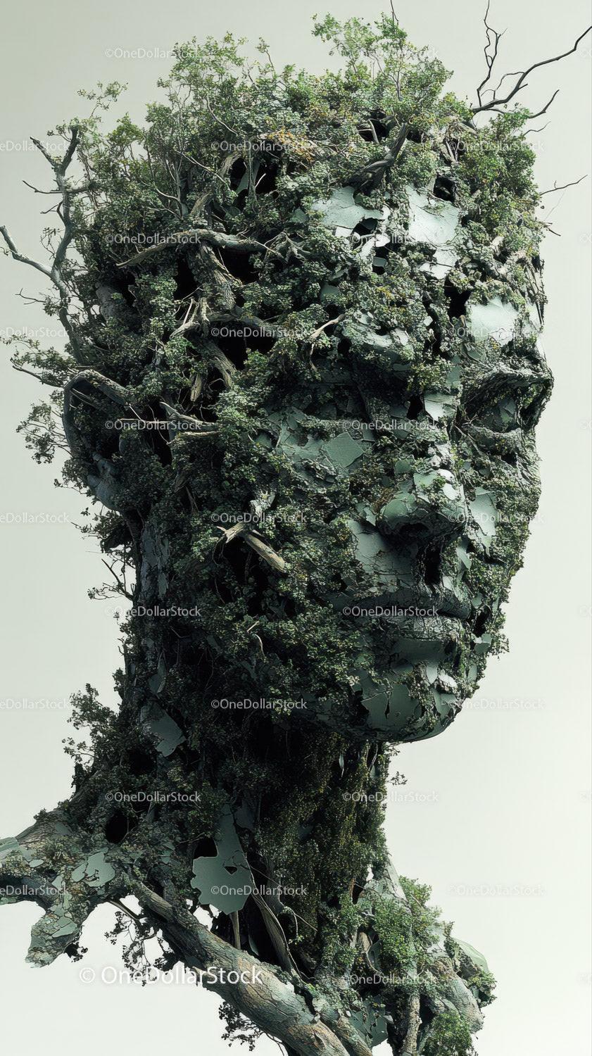 Sculpture of a human head made from tree branches, bark, and green foliage