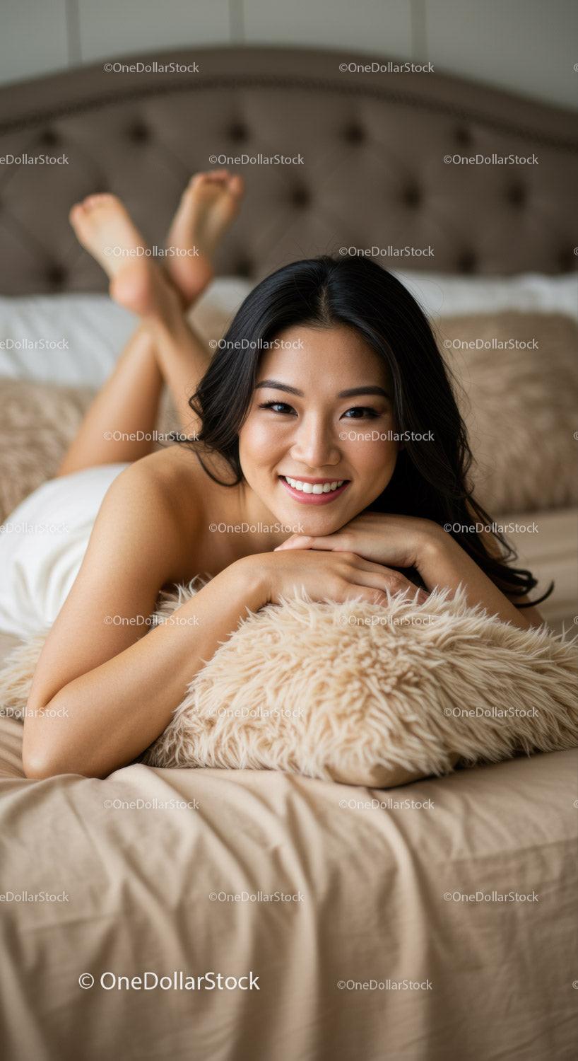 Smiling woman relaxing on bed with soft pillow
