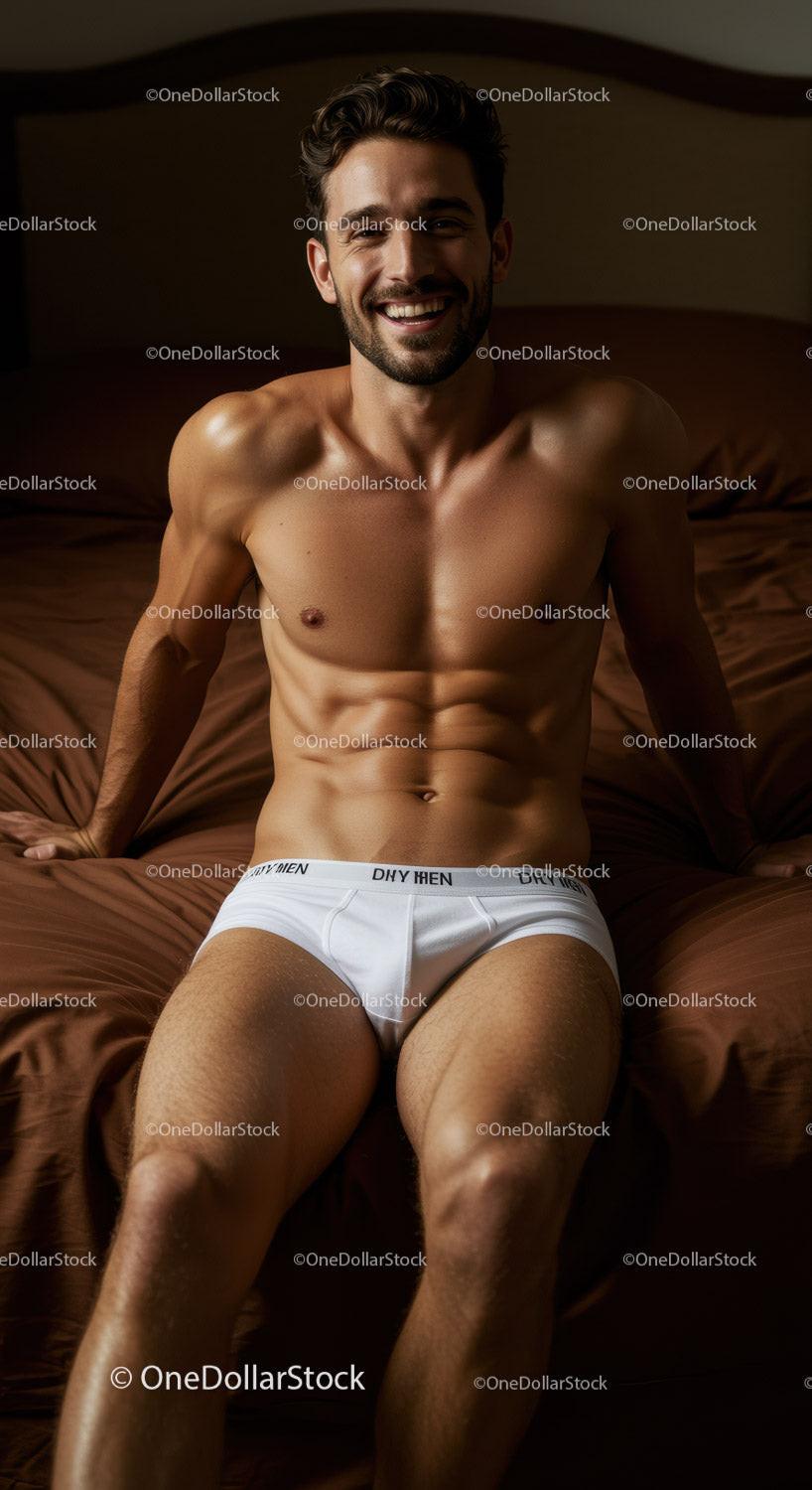 Smiling young man relaxing on bed in white underwear