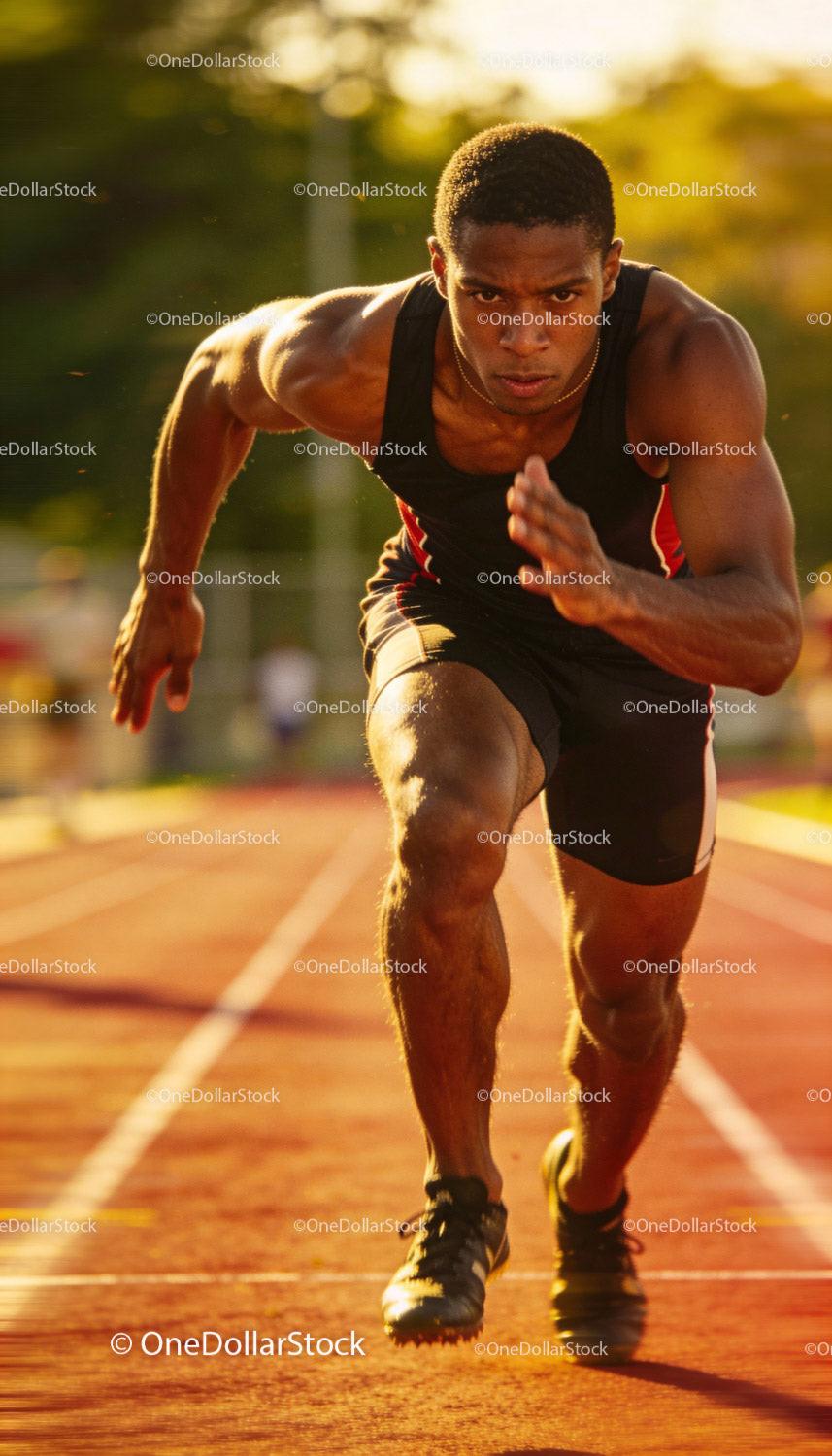 Focused sprinter accelerating on outdoor track at sunset