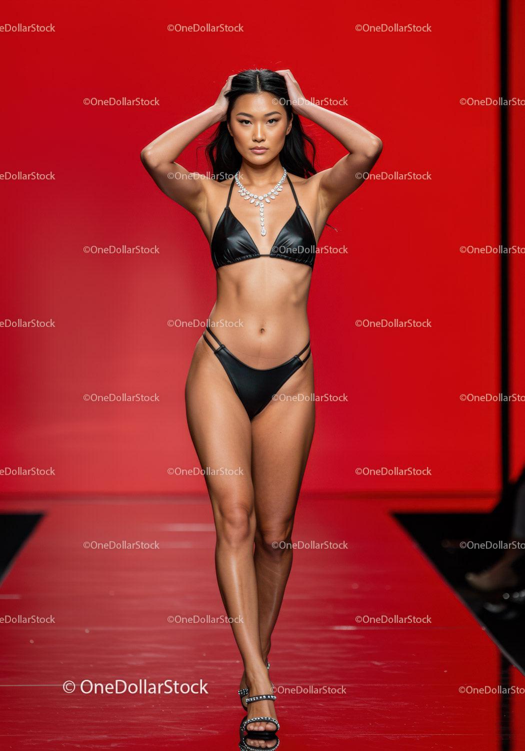 Elegant Female Model Walking on Fashion Runway in Black Bikini