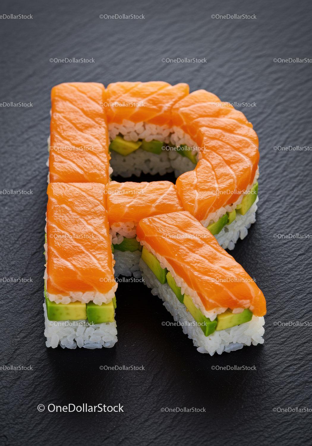 Letter R Crafted from Fresh Sushi with Salmon and Avocado