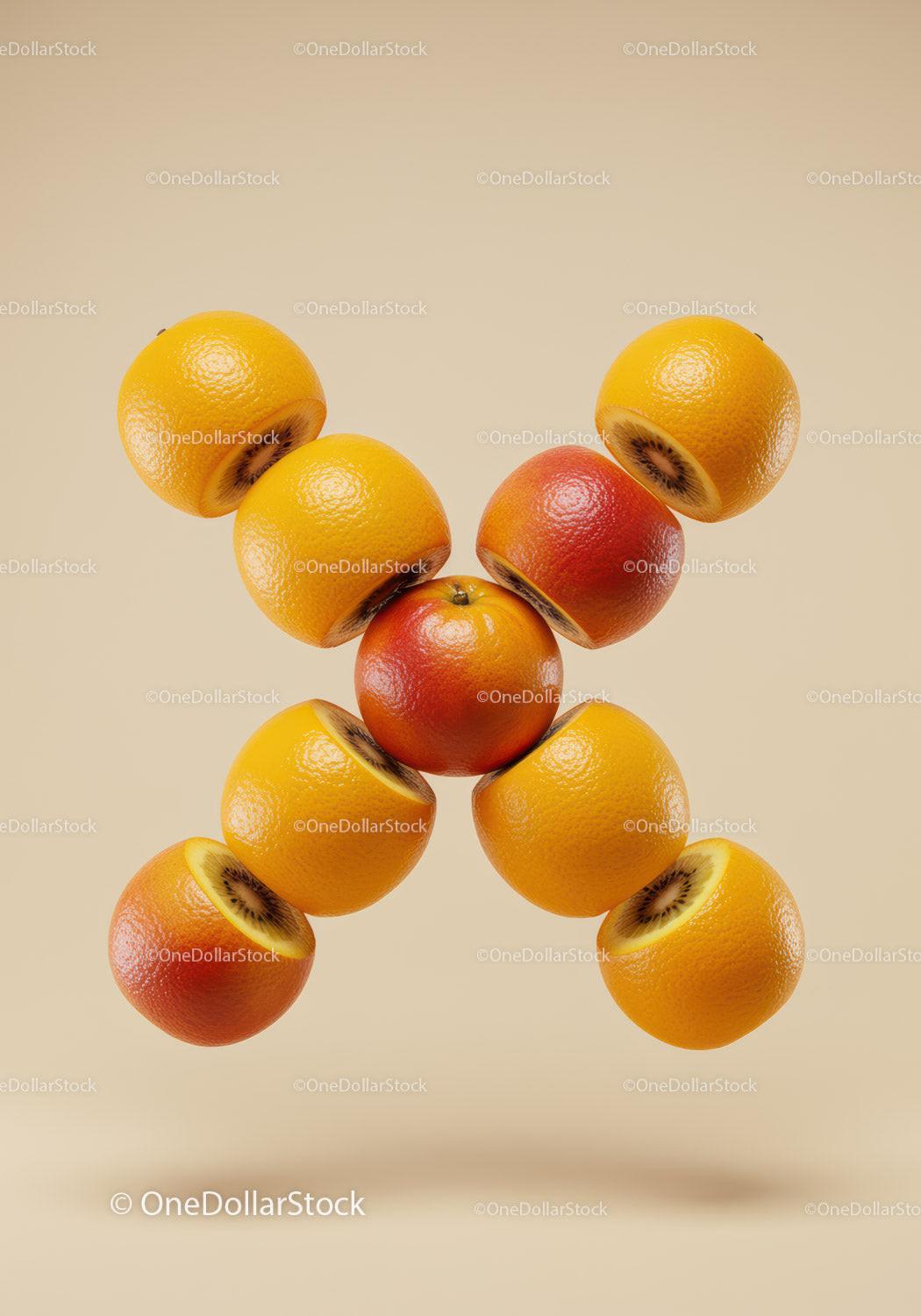 Creative arrangement of oranges with kiwi inside halves