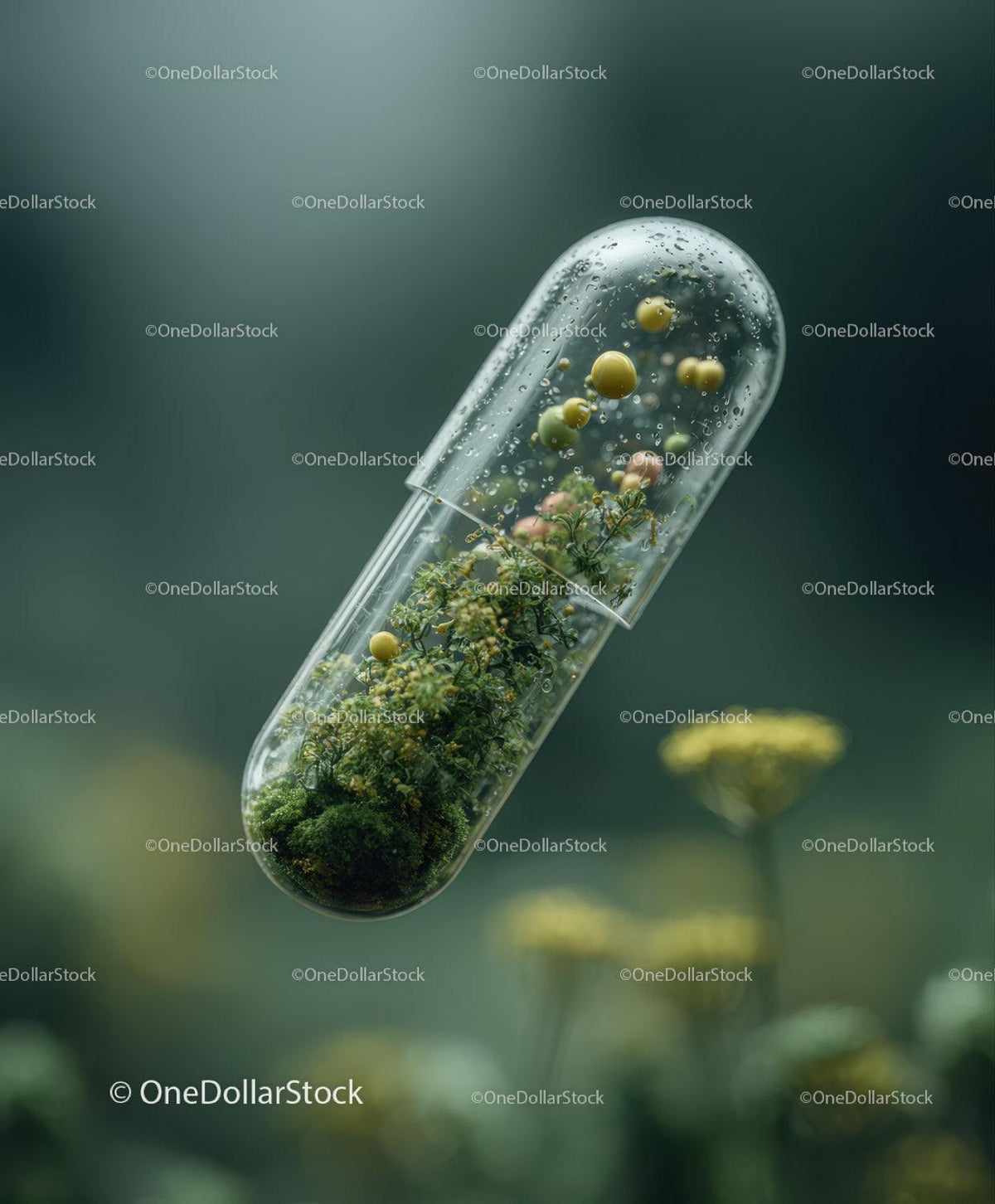 Clear capsule with green plant and small yellow spheres floating inside against blurred floral backdrop
