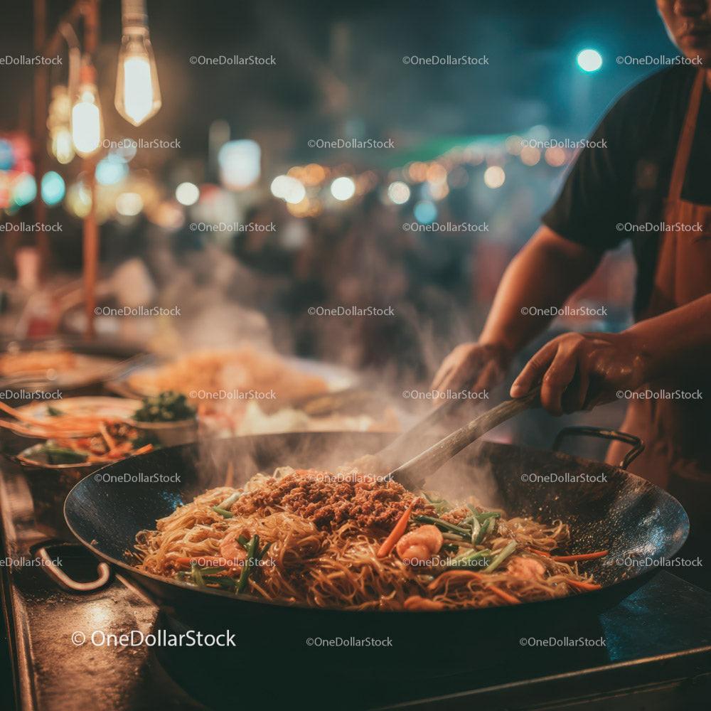 Street food vendor cooking stir-fry noodles at night market Stock Photo Bundle preview 18