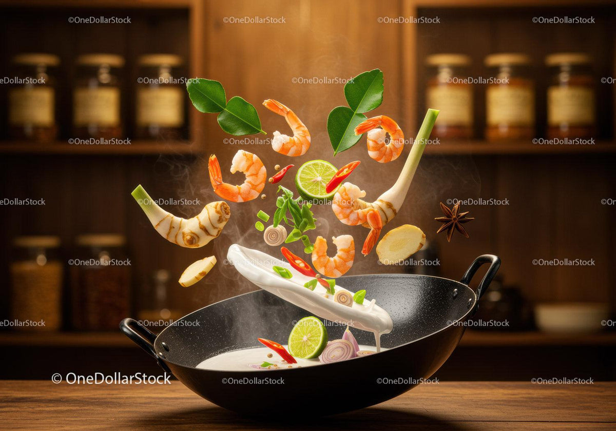 Fresh Shrimp and Aromatic Herbs in Stir Fry Pan