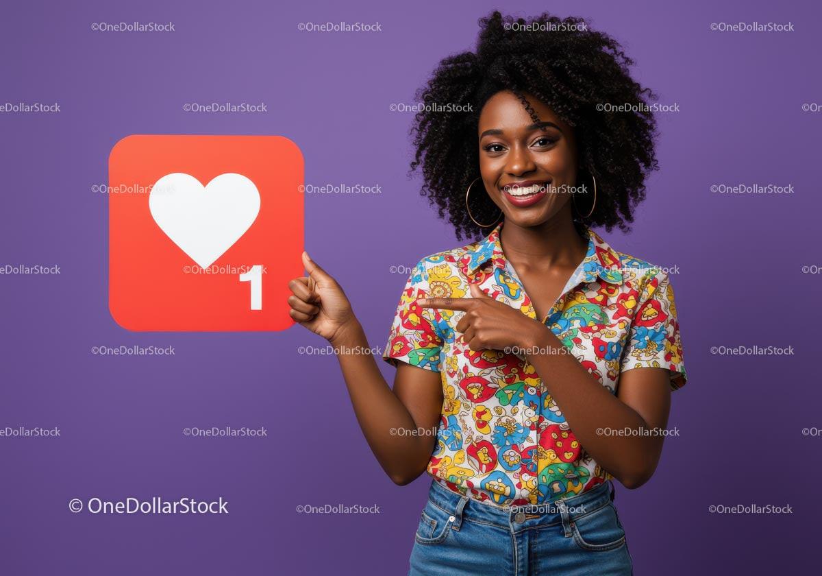Smiling Woman Holding Heart Sign with Colorful Shirt Against Purple Background Stock Photo Bundle preview 11