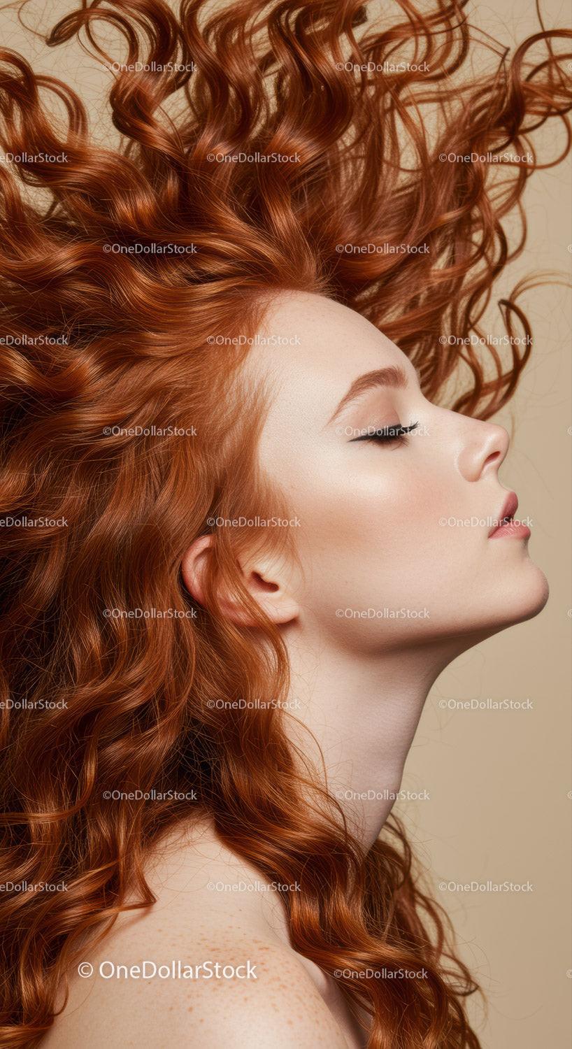 Profile of Woman with Flowing Red Curly Hair