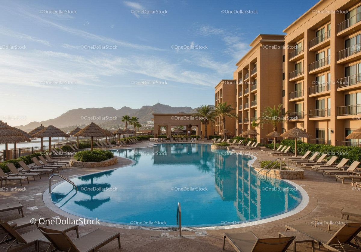 Luxury Hotel Pool with Lounge Chairs and Mountain View